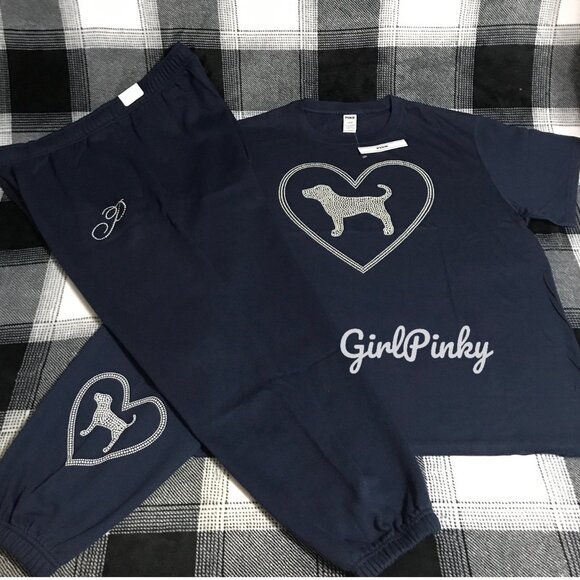 VS PINK SWEATPANTS OUTFIT & CAMPUS SHORT SLEEVE TEE IN NAVY BLUE & BLING XS-XXL - Picture 1 of 10